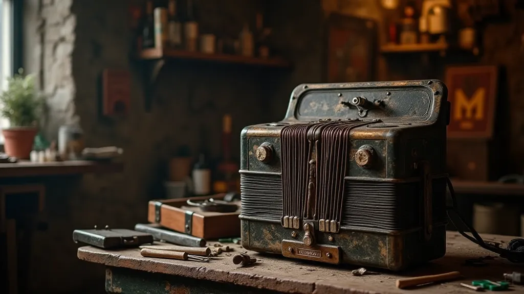 Antique accordion in a workshop, with restoration tools visible.