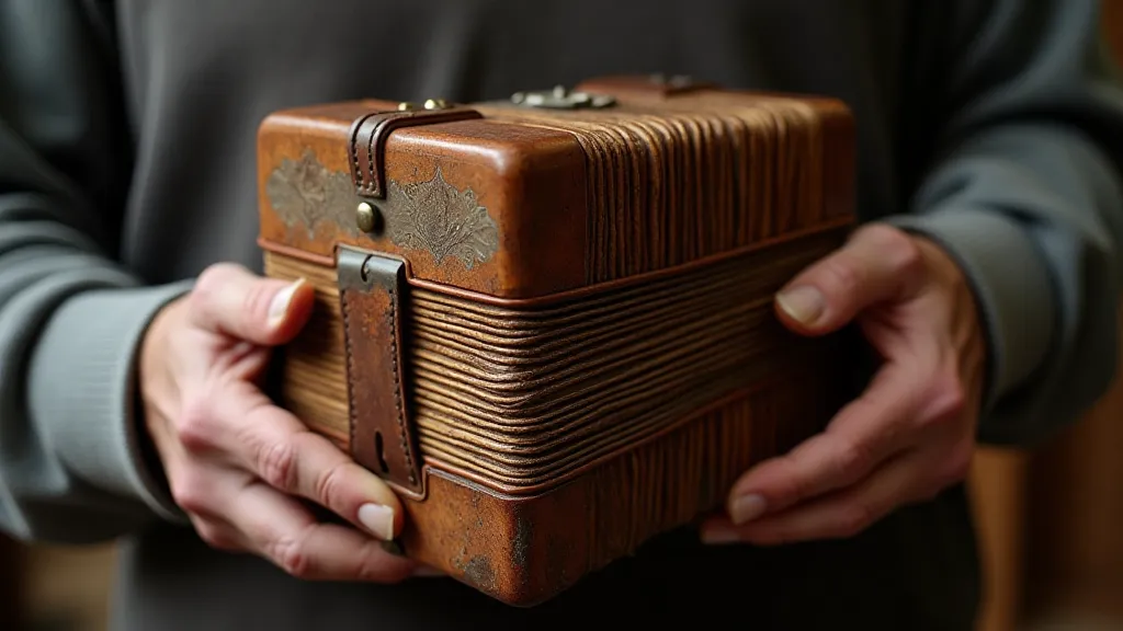 Antique accordion held by craftsman's hands.