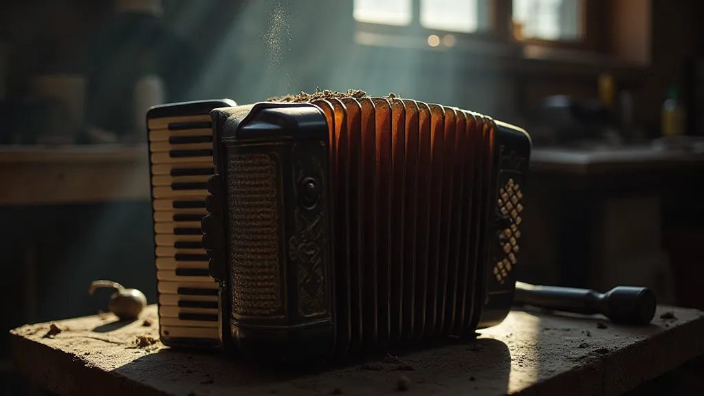 Antique accordion in a workshop