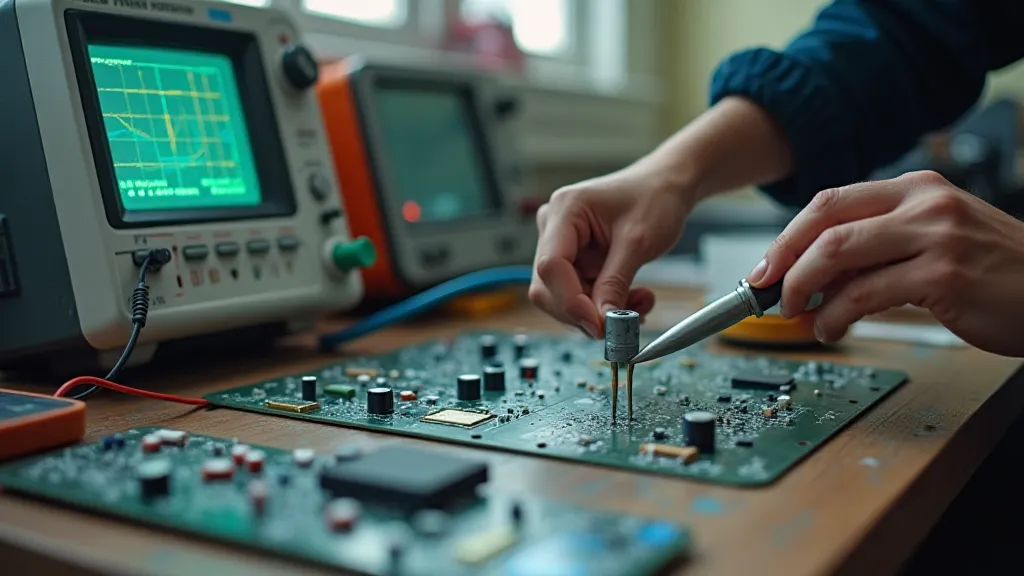 Electronics workbench with components and tools.